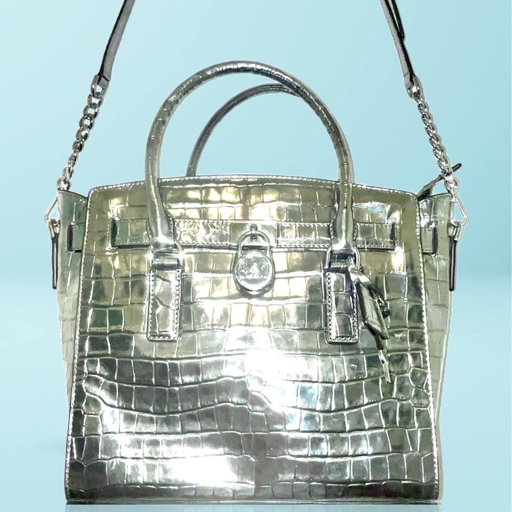 Michael Kors Hamilton  Silver Croc Leather Satchel  Handbag/Crossbody Lock & Key - Picture 2 of 8